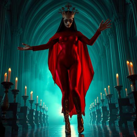 ((score_9, score_8_up, score_7_up)), (((character design, sci-fi warrior women, feminine power, perfect anatomy))), 
An enigmatic figure of a (occult)nun(caucasian), her red (skintight_sealed_bodysuit)habit sexy, conducting a sensual occult ritual inside a dark cathedral at (red)midnight. Her (eyeless)mask, elaborate crown, (fully)conceals her identity, adding to her mystique and allure. gold stiletto platform thigh boots, big breasts, tiny waist, flat abs, naughty, looking at viewer, seducing with her body, dancing towards viewer with her arms extending up, sexy ass seductive wide hips, butt cheeks, twerk, huge perky breasts, in the style of a vintage, high-contrast setting. Emphasize theatrical elements with a bit of bright colors against dark, moody backgrounds
,big butt, booty, bubble butt, <lora:add-detail-xl:2>