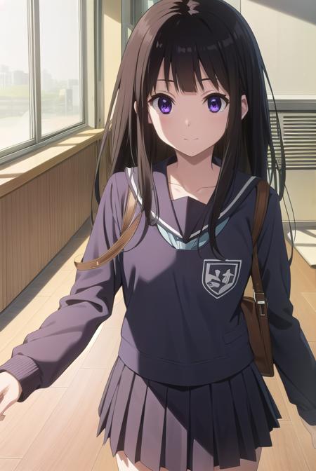 eruchitanda, <lora:eru chitanda s1-lora-nochekaiser:1>,
eru chitanda, long hair, black hair, bangs, blunt bangs, (purple eyes:1.1), sidelocks, smile,
BREAK skirt, school uniform, serafuku, kamiyama high school uniform \(hyouka\), black skirt, long sleeves, black sailor collar,
BREAK indoors, classroom,
BREAK looking at viewer, (cowboy shot:1.5),
BREAK <lyco:GoodHands-beta2:1>, (masterpiece:1.2), best quality, high resolution, unity 8k wallpaper, (illustration:0.8), (beautiful detailed eyes:1.6), extremely detailed face, perfect lighting, extremely detailed CG, (perfect hands, perfect anatomy),