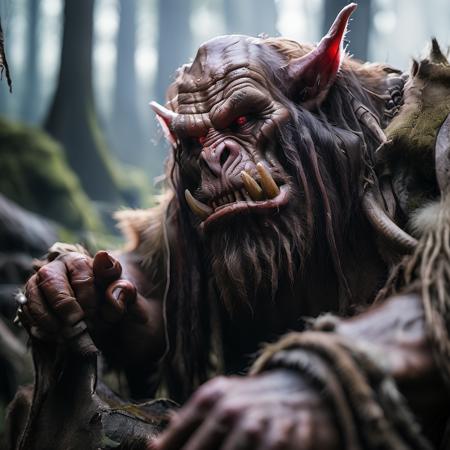 highly detailed documentary photo of bugbear,

red eyes, male focus, horns, teeth, facial hair, fangs, beard, tusks,

masterpiece, best quality:1.1, realistic:1.3,
cinematic lighting:1.2,

in the dark forest,

ultra photoreal, photorealistic:1.0, sharp focus:1.1, 
depth of field:1.1, 

50mm, style of Nathan Wirth, Hasselblad X1D II, Porta 160,
