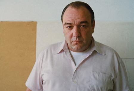 leica m3, 35mm Voigtlander lens, Portra 160/400, photo of young  fat James Gandolfini acting Tony Soprano, high contrast, natural  sunlight