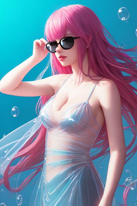 epic volumetric lighting, (bright colors), (masterpiece, best quality, highres, photo-referenced:1.1), centered, drawing of a 2d girl, 1girl, bangs, bare_shoulders, blue_eyes, breasts, bubble, cleavage, collarbone, eyebrows_visible_through_hair, gradient, gradient_background, lips, long_hair, looking_at_viewer, medium_breasts, megurine_luka, parted_lips, pink_background, pink_hair, solo, full body, full_body, standing, blue dress, (shiny, glossy, reflective, glassy, see-through hair, clear hair, transparent hair:1.3), intricate clothing detail, realistic lighting on clothes, anime, (realistic highlight, realistic shading:1.3), scenic background, outside, city, town, High-resolution, symmetrical eyes, illustration, amazing eye detail, (intricate shadow anatomy, intricate highlight anatomy), hard lighting. great continuity/cohesiveness/unity/composition in art, body centered, emotion on face