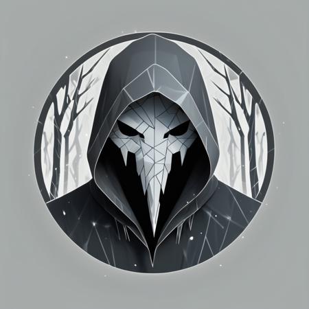 low poly, logotype containing grey and black colors, circle, patronus, omnious figure in a hood, one eye from a shadows, cyclops
