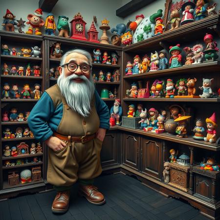 the toymaker, a stout cheerful looking man with round glasses and a long white beard, stands proudly next to an ancient, dark wood, floor to ceiling, shelf unit, on the shelves are displayed many beautiful and magical toys, black wood floorboards, vibrant colours,