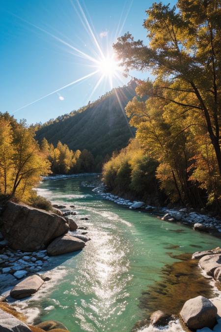 RAW photo, Mongolia, delicate nature, wild nature, picturesque scenery, pristine vegetation, calm sky, majestic landscape, enchanting atmosphere, icy river, crystal water, sunlight illuminates the icy water, photorealistic, masterpiece, 64k, UHD, ultra detailed, vivid colors, high quality, sharp focus