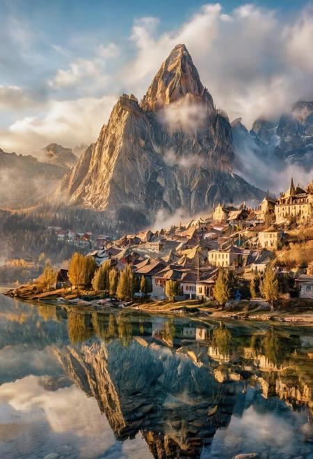 their peaks veiled in mist. mixed media, surrealism, great lighting, A surreal landscape highly detailed . extremely high-resolution details,  appears trapped in an optical illusion of reflections and refractions colorful , mountains and village in Turkey, professional photography, natural lighting, volumetric lighting maximalist. intricately detailed, complex, elegant, expansive, fantastical, film photography style,  medium grain