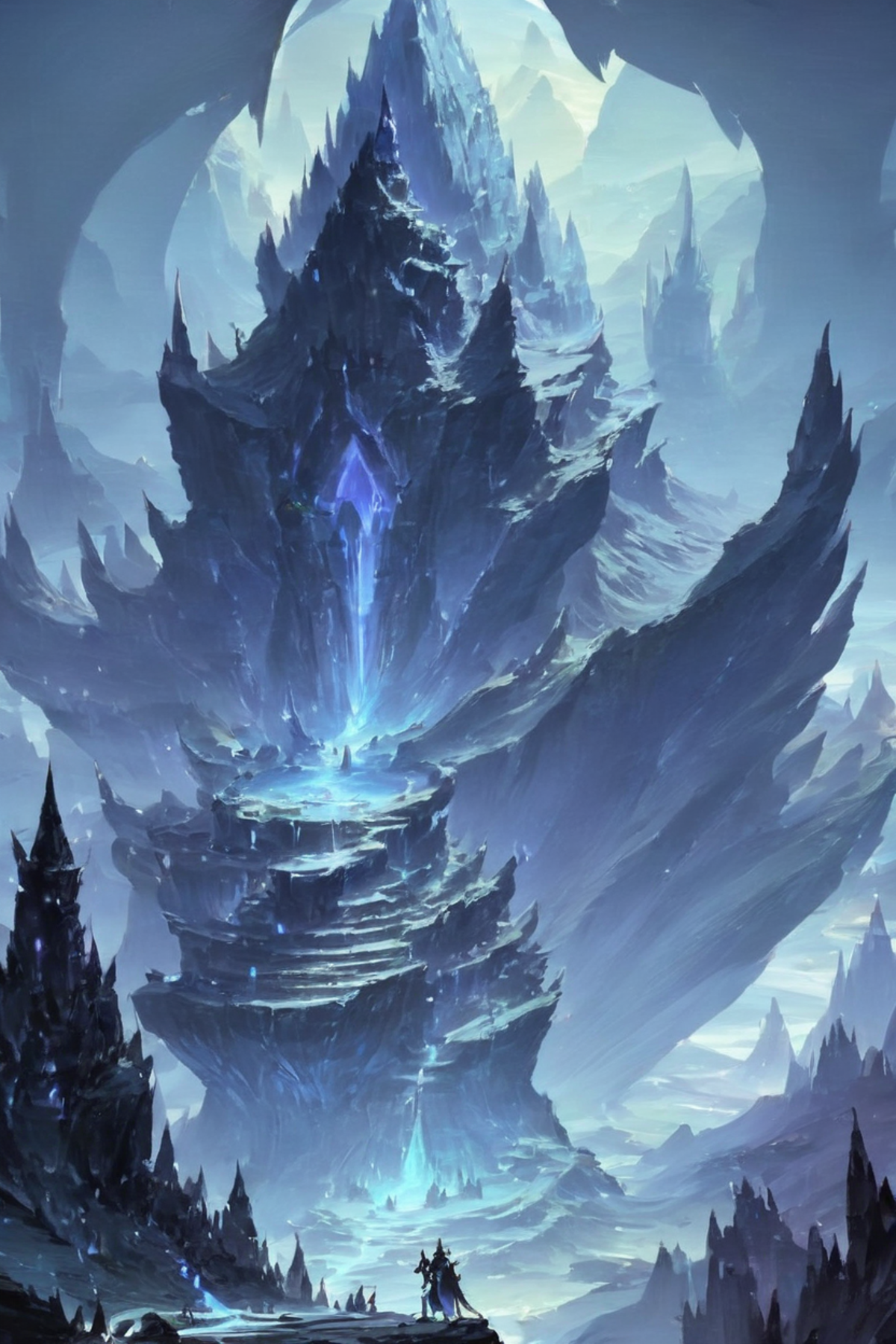 A fantasy artwork of a large mountain with a blue light in the center, surrounded by other mountains and trees.