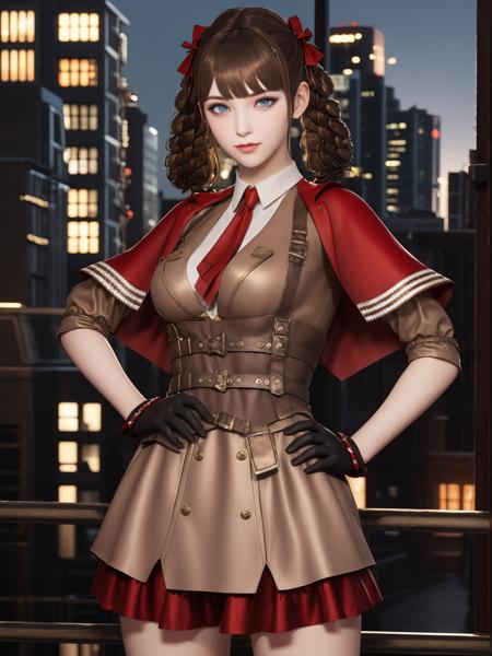 CFlanxierQF, 1girl, solo, gloves, brown hair, necktie, dress, looking at viewer,twin braids, bangs, blue eyes, braid, bow, capelet, belt, breasts, twintails, medium hair, hair bow, shoes,pouch,cityscape, night, cowboy shot,  <lora:CFlanxierQF:0.75>