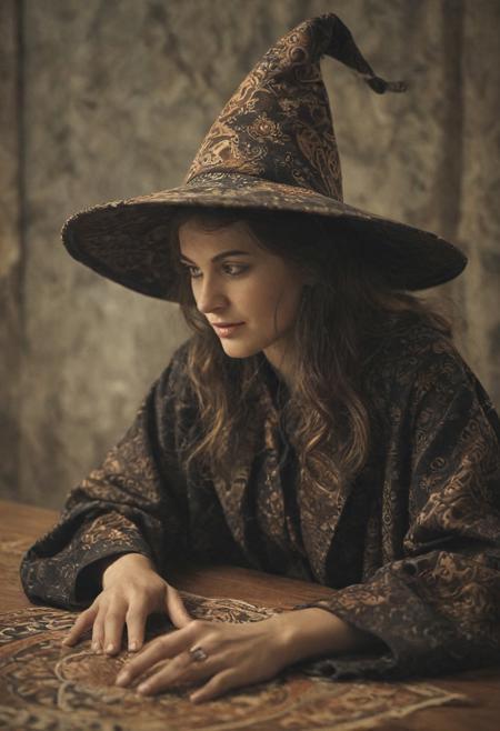 witch wearing hat and coat made out of batik fabrics on the table,
masterpiece, UHD, sharp and in focus. emotional, harmonious, vignette, highly detailed, high budget, bokeh, cinemascope, moody, epic, gorgeous, film grain, grainy