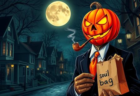 Halloween time, common streets, beautiful houses, nigh, big moon,  jackolantern malicious, false smile, elegant suit, orange tie, smoking a pipe, a small,  trick or treat, a paper bag with the text "soul bag" handwrite, street lights, shadows,