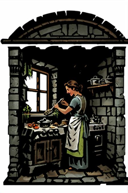 , <lora:DarkestDungeonSDXL:1> ddstyle, , the ruins, white background,, A highly detailed mother in her kitchen preparing meal, window sunny day, happy, smiling,