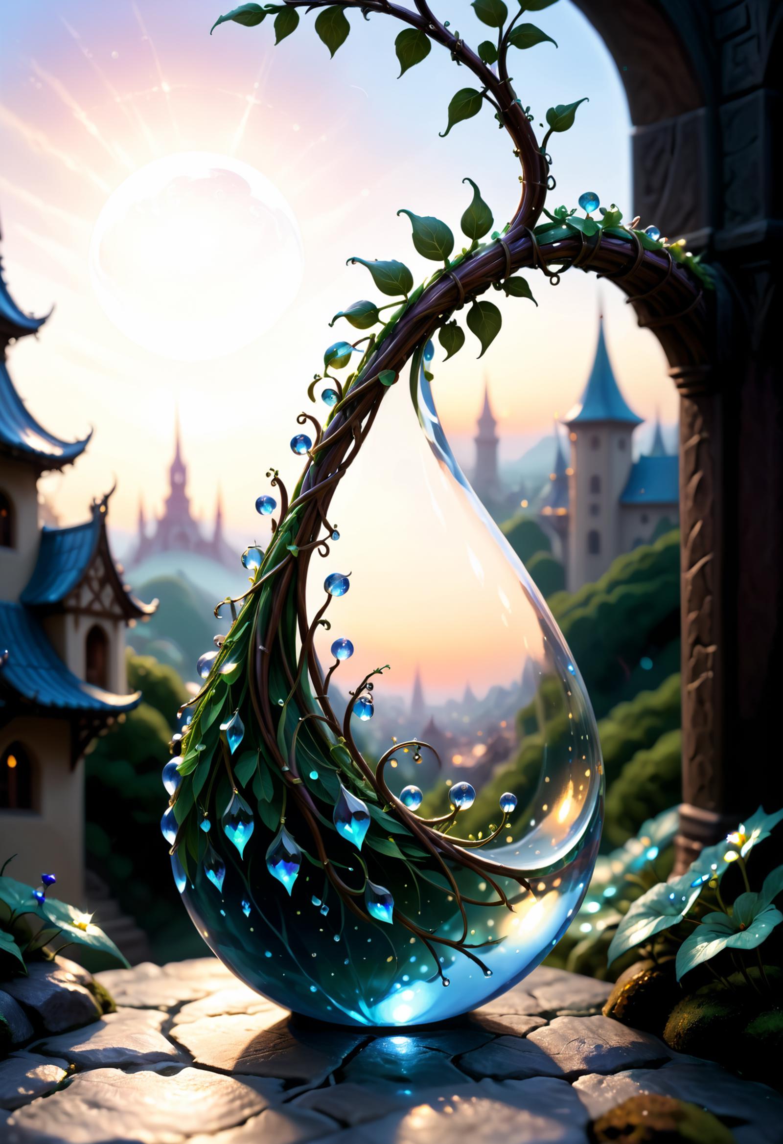 A painting of a glass tear drop with a leafy vine, surrounded by a magical castle and a crystal blue sky.