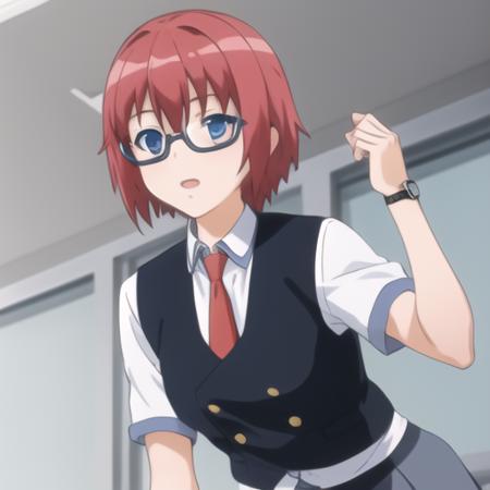 (masterpiece, best quality:1.2),illustration,8k,hd,1girl,solo,short_hair,blue_eyes,school_uniform,red_hair,necktie,glasses,semi-rimless_eyewear,under-rim_eyewear,wristwatch,black_pants,black_vest,school_uniform,short_sleeves,<lora:Misaki Raika>,