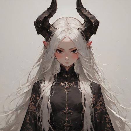 score_9, score_8_up, score_8, score_9, 1girl, 28 year old girl, black dress, black eyes, perfect face, smooth skin, (horns), dragon horns, small breast, standing, eye contact, (blushing), lustful, sexy pose, long hair, long sleeves, looking at viewer, solo, at distance, very long hair, white hair seductive, perfect anatomy, white background