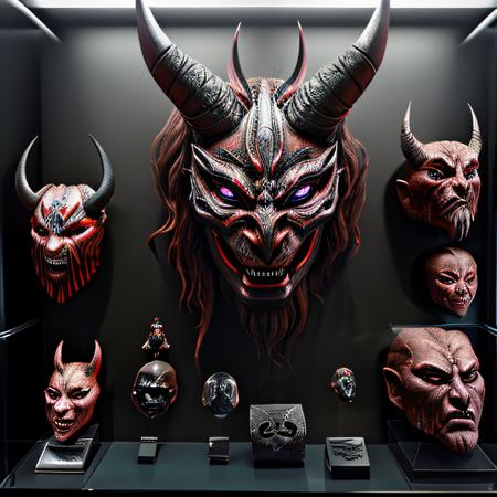 antixdisplay, demon masks in a glass box display, 8k uhd, 4k intricate complex highly detailed, ray traced