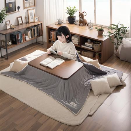 best quality, ultra-detailed, illustration,
kotatsu, 1girl, solo, black hair, book, reading, indoors, open book, long hair, plant, sitting, wooden floor, sweater, pillow, long sleeves, rug, 
<lora:JAPAN_Scenery_kotatsu_SD15_V2:1>