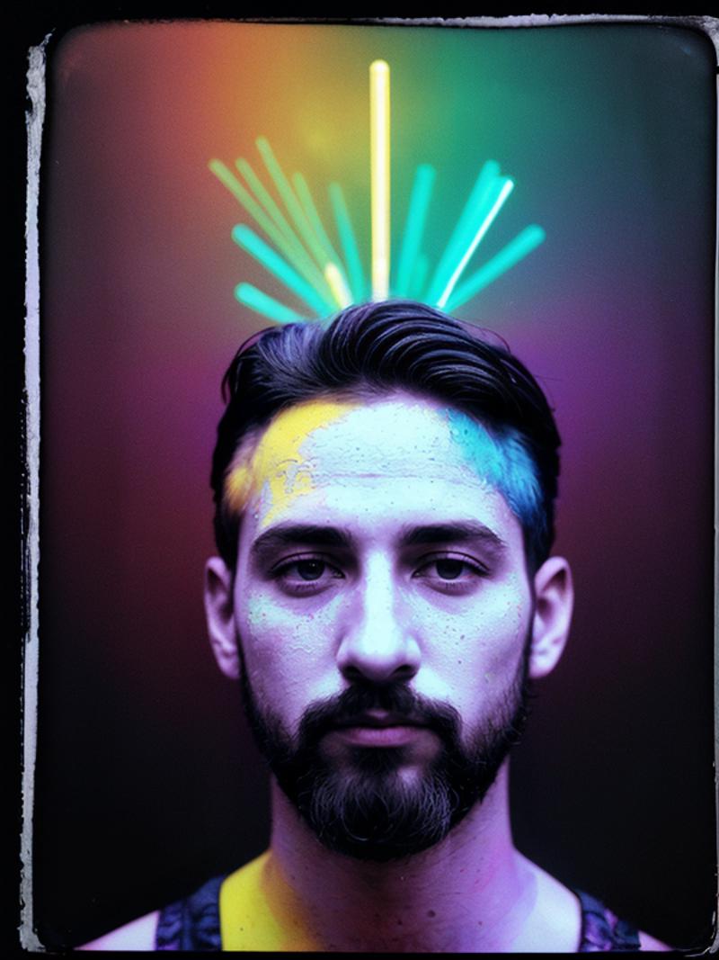 A man with a beard in a colorful background.