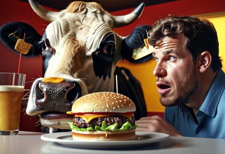 cow watching  the man eat a burger and the man is eating the burger in front of the cow. Ultra High Definition 64K, Detailed and Intricate, Digital Art, Photo, Realistic, Cinematic, Studio Lighting, Beautiful Lighting