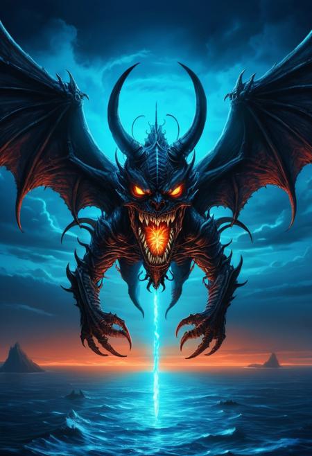 Winged demon from above; Ocean, horizon, clear sky, blue neon light, in the center of the image an anthropomorphic helicopter-monster with a sinister look, evil headlights-eyes-headlights, a fanged fiery mouth, sweeping membranous filigree wings epic horror ACTION Surrealism, in anime style