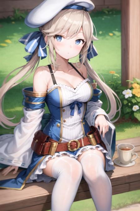 <lora:cucouroux-loha:1>
1girl, solo, cucouroux, thst, blue eyes, low twintails, blonde hair, medium breasts, white beret, green ribbon, blue ribbon, belt, detached sleeves, pleated skirt, collarbone, bare shoulders