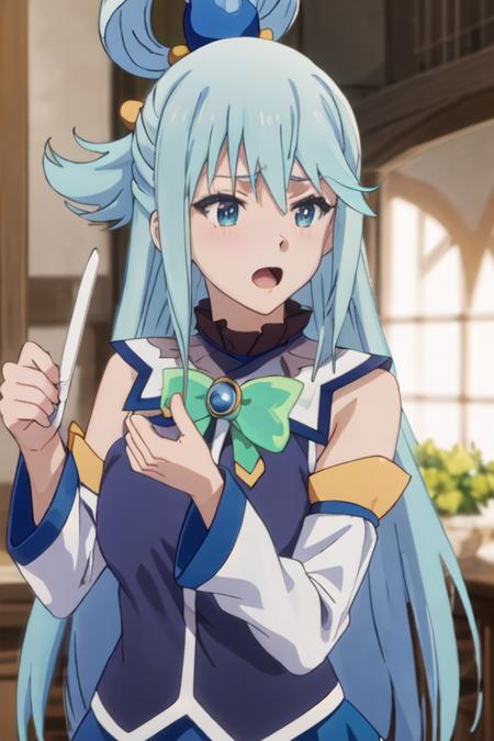 best quality, masterpiece, highres, solo, {aqua_konosuba:1.15}, long_hair, blue_hair, hair_ornament, hair_rings, blue_eyes, open_mouth, bow, green_bow, single_hair_ring, 1girl, breasts, detached_sleeves, anime_coloring, upper_body