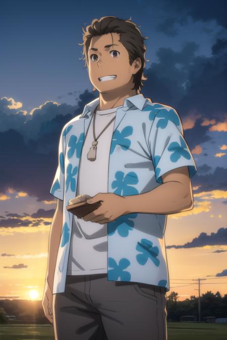 tetsudouhisakawa, <lora:tetsudou hisakawa s1-lora-nochekaiser:1>,
tetsudou hisakawa, black hair, (brown eyes:1.5), male focus, smile, grin,
BREAK shirt, open clothes, pants, necklace, sandals, hawaiian shirt,
BREAK outdoors, house, fields, grass, sky, sun, clouds,
BREAK looking at viewer, (cowboy shot:1.5),
BREAK <lyco:GoodHands-beta2:1>, (masterpiece:1.2), best quality, high resolution, unity 8k wallpaper, (illustration:0.8), (beautiful detailed eyes:1.6), extremely detailed face, perfect lighting, extremely detailed CG, (perfect hands, perfect anatomy),