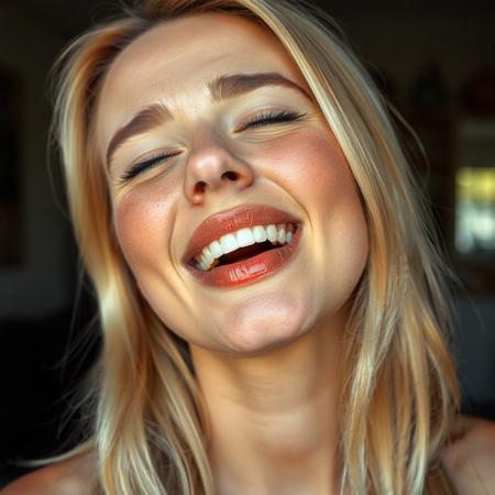 Beautiful blonde woman with nostrils wide, face flushed, mouth slightly open, head tilted back a bit, eyes half closed, pleased, aroused, head shot