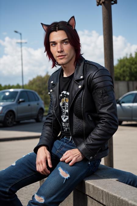 Chris_Xvoor,  1boy,  male focus,  solo,  looking at viewer, ,  blue eyes,  black hair,  animal ears,  sitting,  jacket,  red hair,  outdoors,  day,  pants,  cat ears,  blurry,  black jacket,  torn clothes,  blurry background,  denim,  jeans,  leather,  torn pants,  leather jacket,  torn jeans,  denim jacket,  upper body,  specular highlights,  detailed face,  detailed eyes,  detailed hair,  textured hair,  rim lighting,  extreme light and shadow,  masterpiece,  official art,  portrait, <lora:EMS-47371-EMS:0.500000>