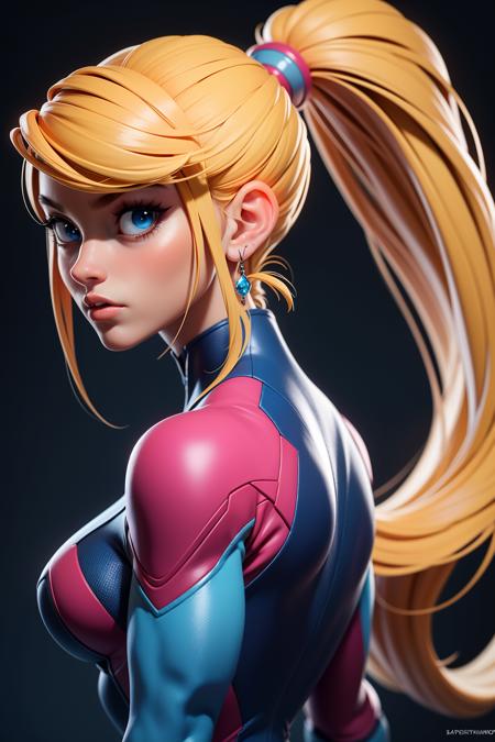 1girl, absurdres, artist name, blonde hair, blue eyes, bodysuit, breasts, earrings, hair ornament, high ponytail, highres, jewelry, lips, long hair, looking at viewer, looking back, metroid, nintendo, nose, ponytail, samus aran, sidelocks, solo, swept bangs, upper body, ((masterpiece))