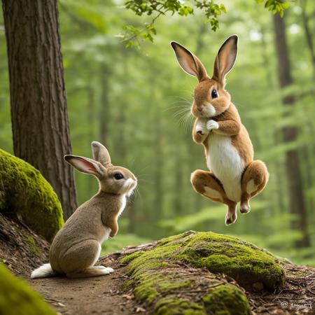 The book cover showcases a vibrant and captivating forest scene. The background is filled with tall, lush trees, their leaves forming a canopy overhead. Sunlight filters through the branches, casting a warm and inviting glow on the surroundings. Moss-covered rocks and a carpet of colorful flowers add to the enchanting ambiance. In the foreground, Benny, the small bunny, stands poised, showcasing his unique abilities. He is depicted mid-jump, with his hind legs tucked beneath him, ready to spring into the air. Benny's fur is a soft shade of brown, and his eyes shine with determination and hope. Surrounding Benny are the other forest animals, each displaying their exceptional talents. A kangaroo gracefully leaps nearby, captured in a mid-air pose. A frog can be seen in the process of landing after a swift hop, while a grasshopper is poised to take off, its powerful hind legs ready to propel it into the air. The animals are all depicted with lively and expressive features, conveying a sense of joy and excitement. Their expressions reflect admiration and encouragement, highlighting the camaraderie and support among the forest creatures. The overall color palette of the cover is rich and vibrant, with earthy tones dominating the scene. Shades of green and brown symbolize the natural environment, while pops of colorful flowers add visual interest and appeal. The title, "The Bunny Who Wants to Jump High," is displayed prominently at the top of the cover. The font is playful and lively, with a touch of elegance to reflect the magical nature of the story. Your name as the author is presented at the bottom, matching the style and tone of the title. The book cover for "The Bunny Who Wants to Jump High" captures the essence of Benny's journey, conveying his determination, the beauty of the forest, and the importance of embracing one's unique qualities.