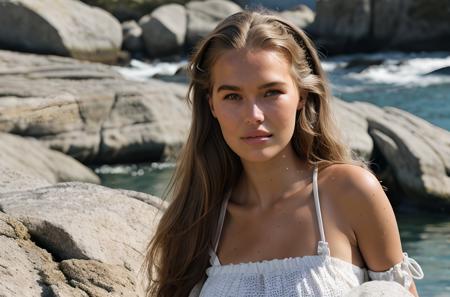 elizabethzuschlag close up photo, woman in a summer dress, standing near water in a rocky area, casual photo