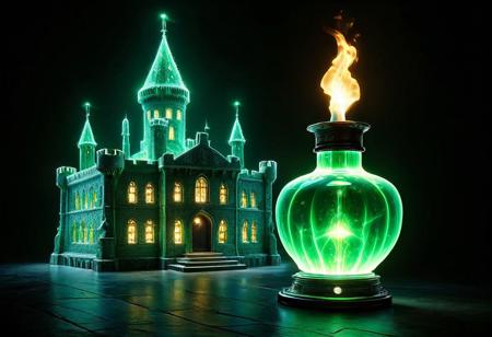 Necron, electricity, green glow, green theme, oil lamp with flame solo, castle, detailed background, best quality, vibrant colors, photorealistic style, high detail, hyper-realistic, highres, 4K resolution, realistic photo, masterpiece, ultra-detailed, gentle glow, close-up shot,