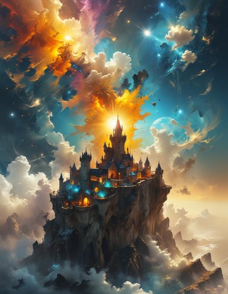 (Castles hovering, majestic structures, ethereal, otherworldly, in the realm of clouds.:0.5) (Solar Synesthesia, sensory solarism, synesthetic sunscapes, solar symphonies, chromatic enlightenment:1.3)