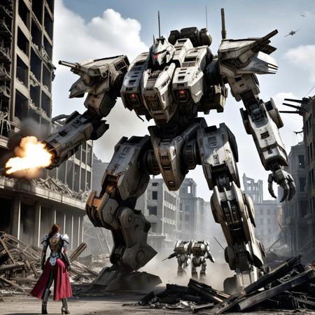 Hyper-Realistic large towering Timberwolf omni-mech stands over a smoking defeated enemy mech. The heavily armored battle-mech is dressed as a magical girl warrior. Robot's sheer size and weight dominates the battlefield. Heavily armed and armored and battle-scarred, the mech is adorned with a flowing brightly colored dress that bellows in the wind contrasting sharply with the mech's metallic frame and the horror of war. A ruined city street adds a gritty backdrop, highlighting the aftermath of battle. Photorealistic details, Emphasize the jarring striking contrast between the mech's formidable presence it's weapons (Particle cannon lasers and missiles) and the delicate playful dress. Behind them a ruined sci-fi city street shows the battle's aftermath. horrors of a futuristic war. Photorealistic details.
the victorious mech stands amidst the ruins of a devastated futuristic cityscape. Shattered buildings and smoldering wreckage frame the scene, brutal aftermath, stark combat environment. horrors of battle.
HDR Photorealistic details, battle-worn metal plating, scorch marks, and exposed circuitry.