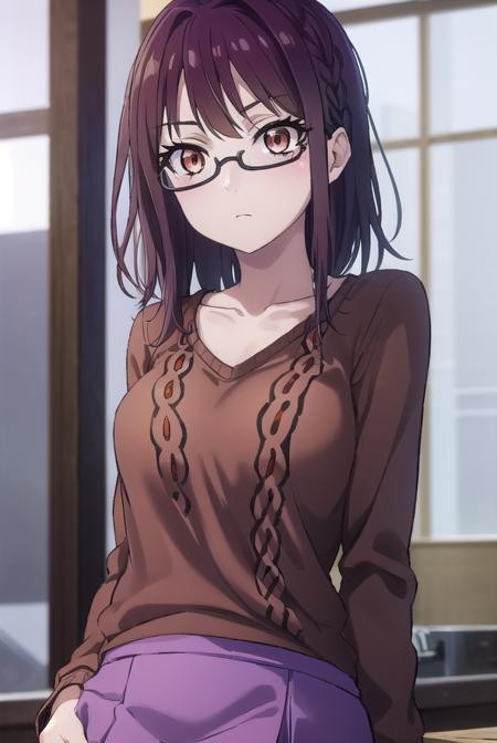 sumikafujimiya, <lora:sumika fujimiya s1-lora-nochekaiser:1>,
sumika fujimiya, (brown eyes:1.5), purple hair, braid, glasses, semi-rimless eyewear, under-rim eyewear,
BREAK sweater, long sleeves, collarbone, skirt, purple skirt,
BREAK indoors,
BREAK looking at viewer, (cowboy shot:1.5),
BREAK <lyco:GoodHands-beta2:1>, (masterpiece:1.2), best quality, high resolution, unity 8k wallpaper, (illustration:0.8), (beautiful detailed eyes:1.6), extremely detailed face, perfect lighting, extremely detailed CG, (perfect hands, perfect anatomy),