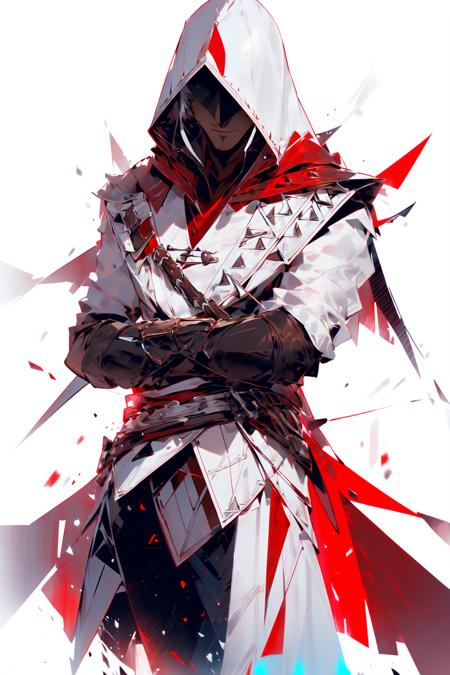 <lora:Assassin's_Creed:1>solo, looking_at_viewer, smile, red_eyes, gloves, 1boy, white_background, jewelry, standing, weapon, male_focus, cowboy_shot, earrings, belt, pants, hood, armor, glowing, crossed_arms, black_pants, red_gloves, hood_up