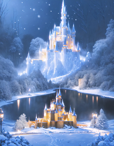 Photo of a massive snow-covered castle illuminated by ambient lights, casting a magical glow over the wintry landscape<lora:xmascastle_v0.2:1>