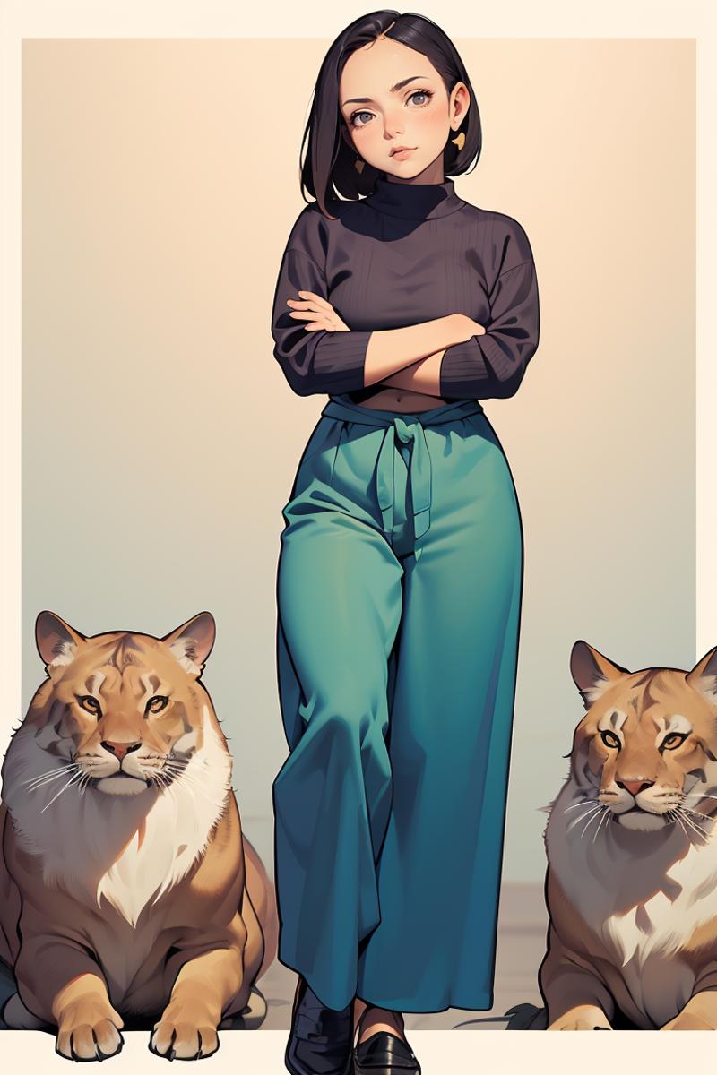 A woman standing with two tigers, one on each side of her, in a white and blue outfit.