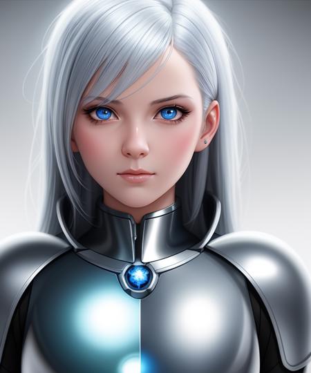 a cartoon woman in a silver suit with a blue eye and a silver nose and chest with a star on it, by Daniela Uhlig, digital art, digital, detailed, manga, portrait, anime, unreal engine, raytracing, studio quality, ultra realistic, houdini render, quixel megascans, dslr, post-processing, max detail, massive scale, soft lighting, studio lighting, character, detailed, digital, digital art, digital painting, photoshop, photorealism, photography, realistic