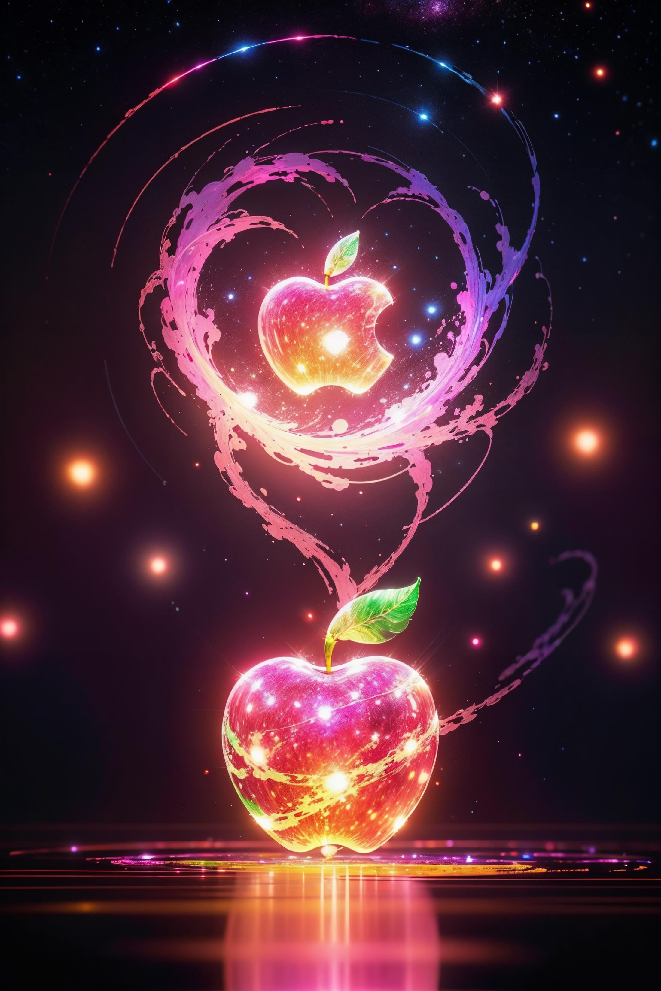 An Apple Logo with a Dazzling Display of Colorful Light Effects at Night.