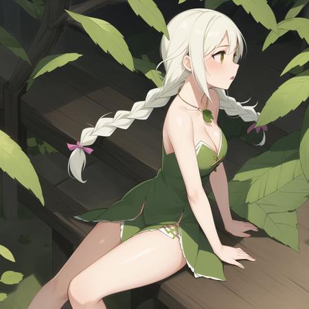 (masterpiece, best quality:1.1), (mxnt, 1girl:1.15), twin braids, solo, mint leaves, white hair, leaf dress, buoyant, looking afar