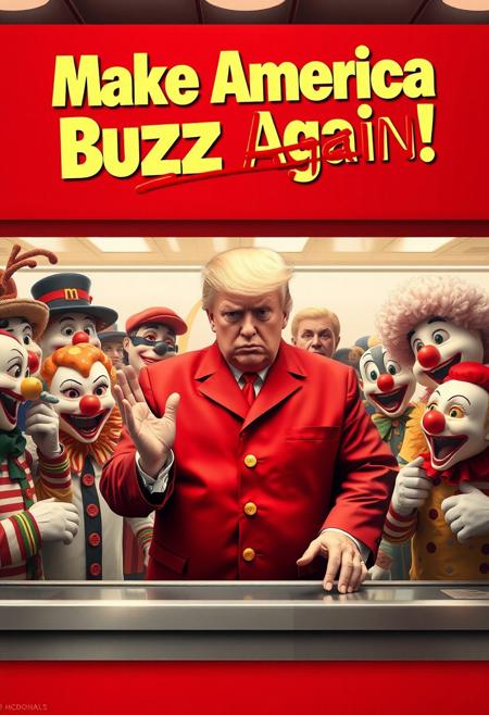McDonald's advert poster. Donald Trump stands behind the counter of McDonald's, looking confused in an oversized uniform, and tiny hands, while surrounded by a chaotic mix of clowns, mascots. The slogan on top reads: 'Make America Buzz Again!' with ketchup stains splattered across the slogan. The color scheme is exaggerated, with over-the-top patriotic red, white, and mustard-yellow.