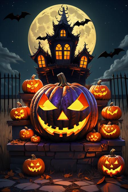 best quality,highly detailed,masterpiece,ultra-detailed,illustration,<lora:ä¸å£è:0.7>,
no humans,jack-o'-lantern,moon,pumpkin,bat (animal),halloween,full moon,night,sky,grass,house,outdoors,tombstone,