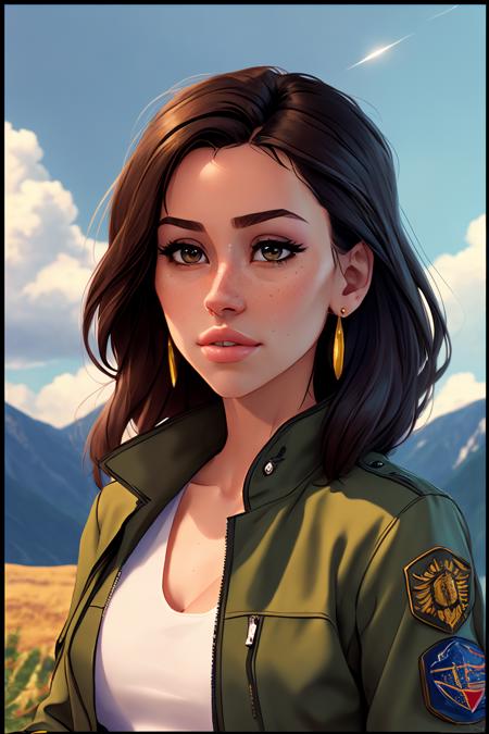 owler style, analog style, redshift style,freckles, realistic, hyper realistic,
(Nina Dobrev:0.9), 1girl,brown_eyes, cloud, earrings, forest, jacket, jewelry, lips, mole, mountain, nature, outdoors, sky, solo, tree, upper body,  (masterpiece, best quality, ultra-detailed, best shadow), (detailed background,dark fantasy), (beautiful detailed body), high contrast, (best illumination, an extremely delicate and beautiful), ((cinematic light)),