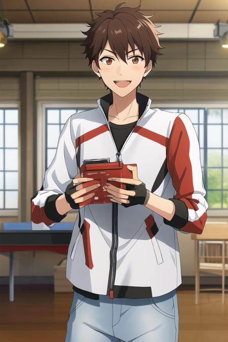 masterpiece, best quality, absurdres, cute, ultra-detailed, perfect anatomy, <lora:ensemble stars-000050:0.6>, indoors, morisawa chiaki, ensemble stars, solo, smile, brown hair, gloves, 1boy, male focus, fingerless gloves