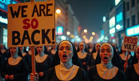 "WE ARE SO BACK" in bold black text, with the word "SO" in striking red paint, prominently displayed on a protest sign held high. Another sign beside it reads "DEUS VULT" in defiant,painted capitalized letters. A group of young nuns marches through a dimly lit city street at night, their faces illuminated by flickering streetlights and the neon glow of nearby signs. Their expressions are fierce and determined, eyes fixed forward as they chant in unison. The night air is thick with mist, amplifying the cityâs ambient glow, while silhouettes of towering skyscrapers loom in the distance. Rain-slick pavement reflects the warm hues of the streetlights, creating a cinematic, almost ethereal atmosphere. The scene is charged with intensity, a fusion of faith and conviction manifesting in their resolute march.<lora:KFT_HLA_V2_FLUX.safetensors:0.5:0.5>