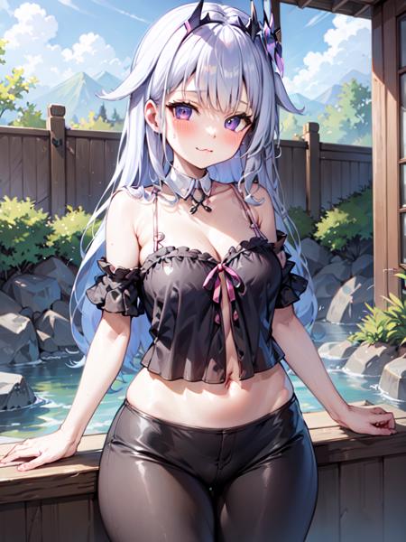 koseki_bijou, hololive, 1girl, solo,
silver_hair, purple_eyes, long_hair, 
cute, large_breasts, wide_hips, short, thicc,
looking_at_viewer ,blush, nose_blush, thighs, :3,
wide_shot, navel, cleavage, pants, camisole,
onsen, day,