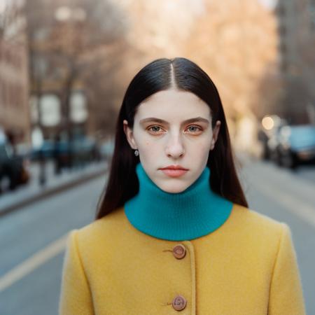 analog style, film, dust, grain, photo of a woman dressed in Gucci, wearing a yellow turtleneck and a blue peacoat, detailed face, <lora:epiNoiseoffset_v1:1>, <lora:ArgieFilm-01:1>