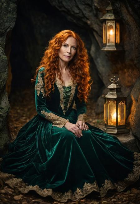 A night time photo of a beautiful woman, 50 years old, with long curly orange hair with gray highlights. and freckles, wearing a dark green velvet Victorian dress with gold lace, sitting alongside a natural spring in a dark cave lit by Victorian lanterns, full body view. in the style of ilya kuvshinov and range murata and artgerm. shallow depth of field, vignette, highly detailed, high budget, bokeh, cinemascope, moody, epic, gorgeous, film grain, grainy, dark shadows, DarkFantasy, photo, cinematic,