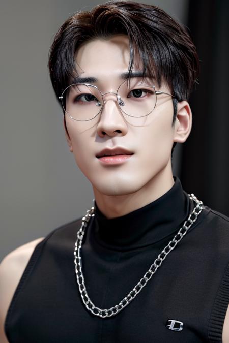 wonwoo, face, upper body, mesh, chain, glasses, muscular, (absurdres, highres, ultra detailed),((masterpiece)), ((best quality:1.1)), High Resolution, 8k,1boy, best quality, masterpiece, (photorealistic:1.4), 4k, high quality, masterpiece, best quality, highres, dynamic poses, realistic, mature male, looking at viewer  <lora:tangbohu-detailer_1.0:0.3> <lora:wonwoo-08:1>