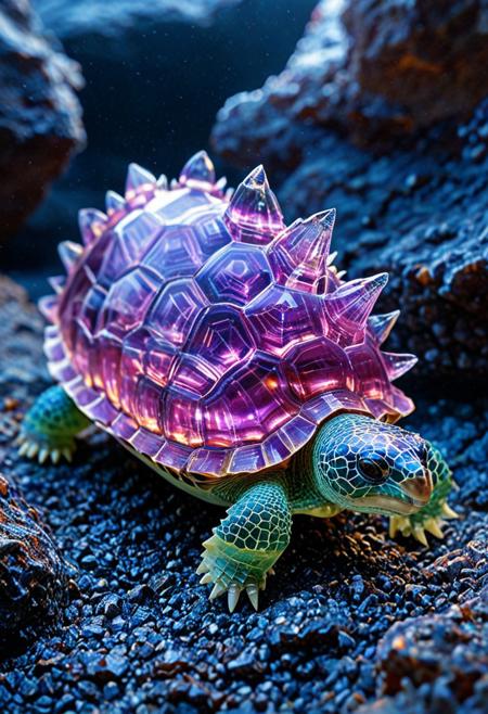 8k, Tilt shift photography style, tortoise, Spiky fluorite shell, glowing fluorite, iridiscent, in night cave, ( Unmanned:1.2), ( thick fog:1.4),